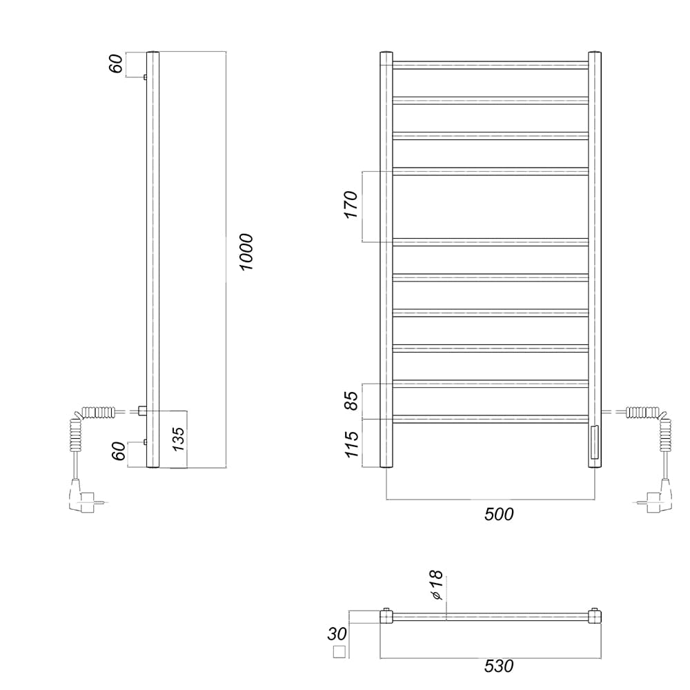 Полотенцесушитель электрический Куба П10 500x1000 EK R с кабелем