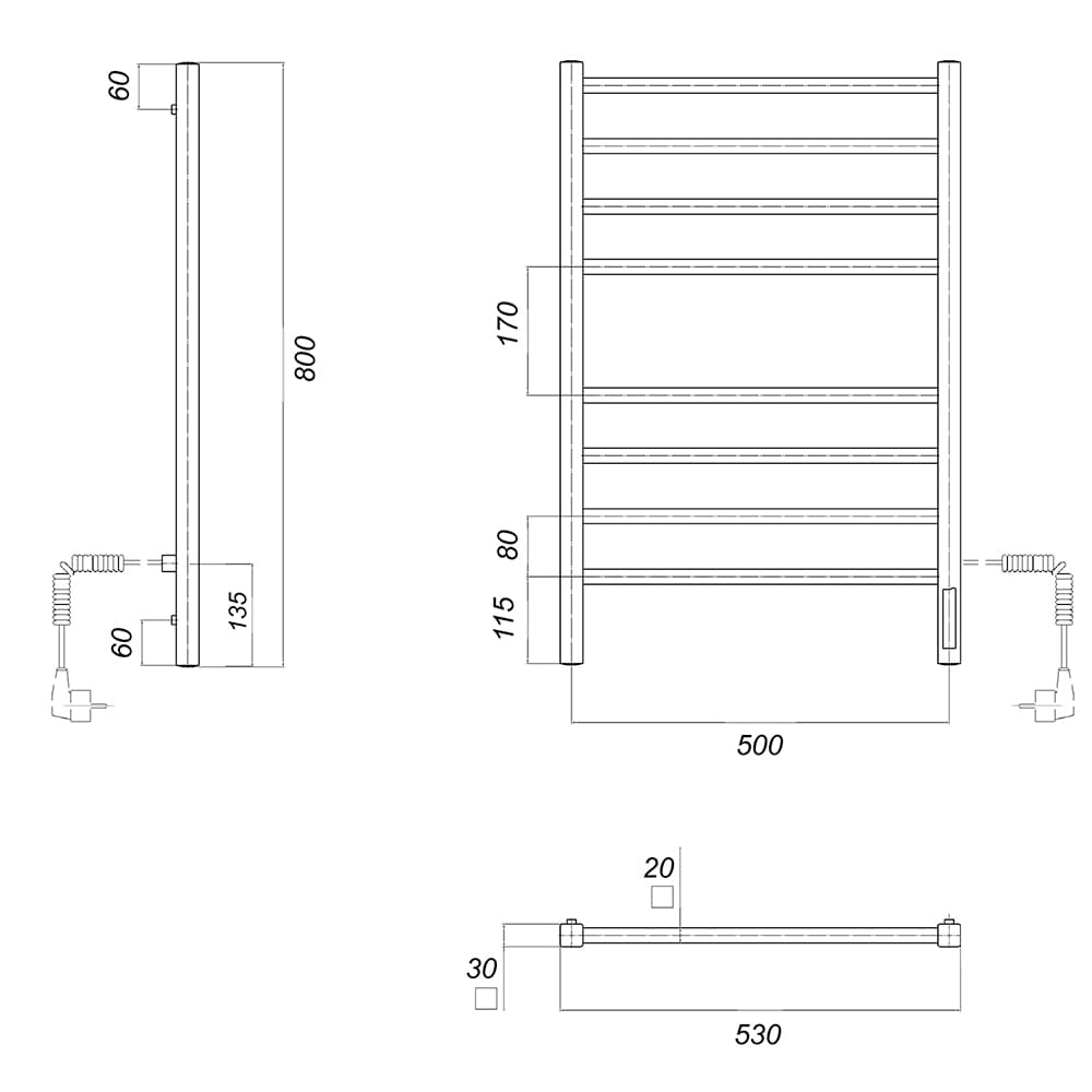 Полотенцесушитель электрический Квадро П8 500x800 EK R с кабелем